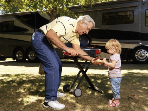 People in front of an RV